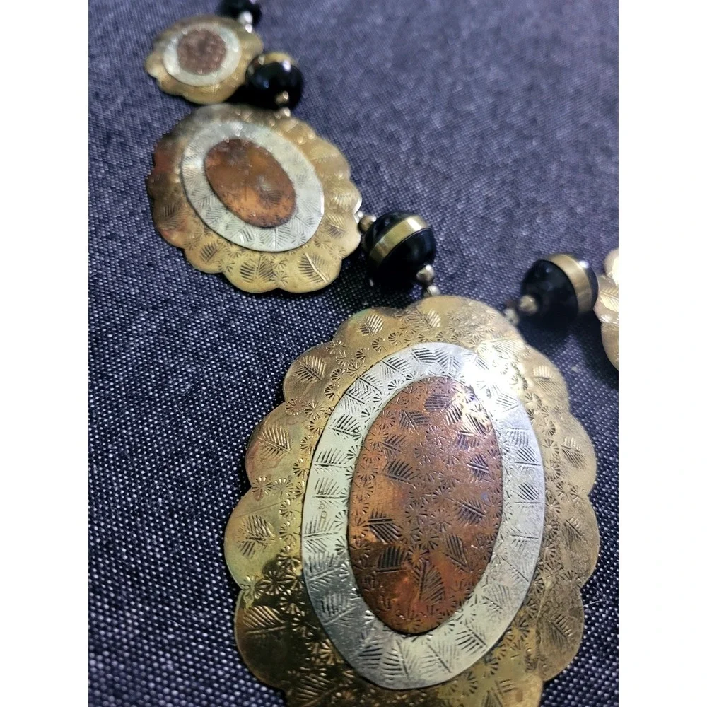 Vintage 60s 70s Brass Mixed Metal Beaded Necklace Funky‎ Large Boho Hippy